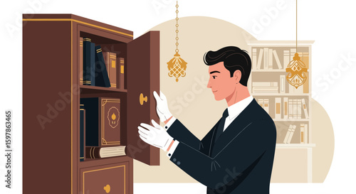 Elegant Man Wearing Gloves Opens Wooden Cabinet Filled With Books In Study Room