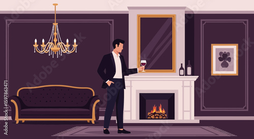 Elegant Man Enjoys Wine By The Fireplace In A Luxurious Room