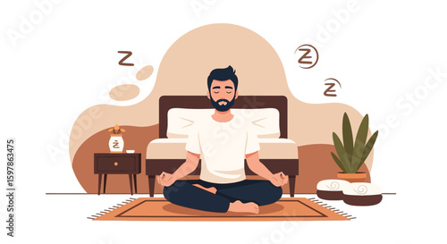 Man Meditating Near Bed For Sleep Mind Relaxation And Healthy Lifestyle