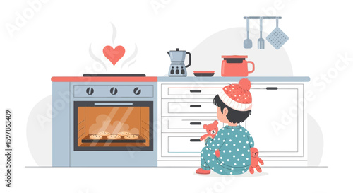 Boy In Pajamas Watching Cookies Bake With Love In Modern Kitchen Illustration