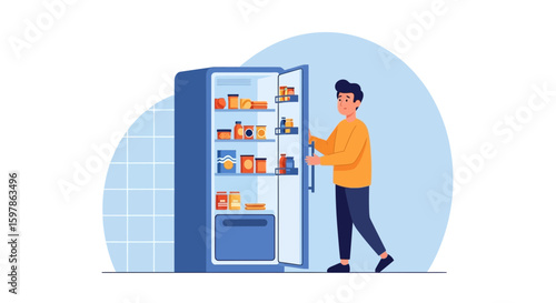 Man Opening Refrigerator Door For Food Items And Cold Storage Concept