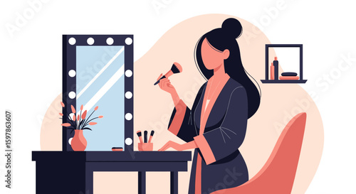 Elegant Woman Applying Makeup At Her Vanity With Modern Design Elements