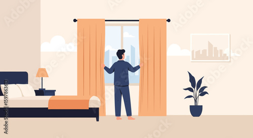 Man Opens Curtains In The Morning Revealing The City Skyline From Bedroom Window