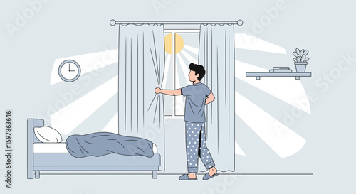 Man Opens Curtains In The Morning To Let Sunlight In Bedroom Design