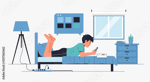 Boy Lies On Bed While Using A Mobile Phone In A Modern Bedroom