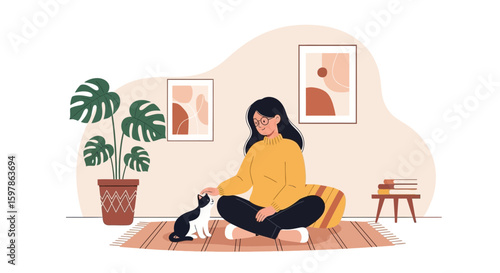 Cozy Woman Petting Her Cat On The Living Room At Home
