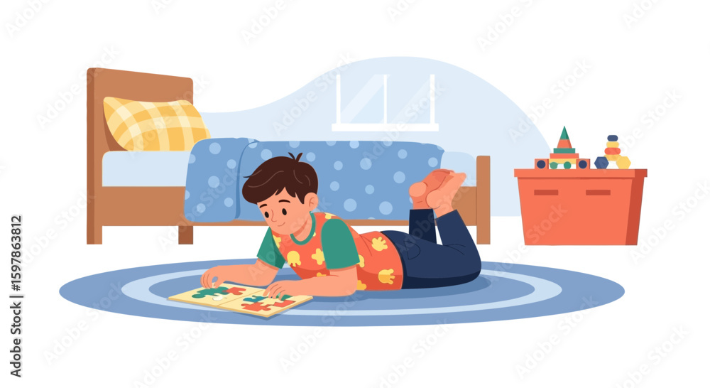 Obraz premium Boy Playing Puzzle On Carpet In Bedroom Surrounded By Toys Illustration