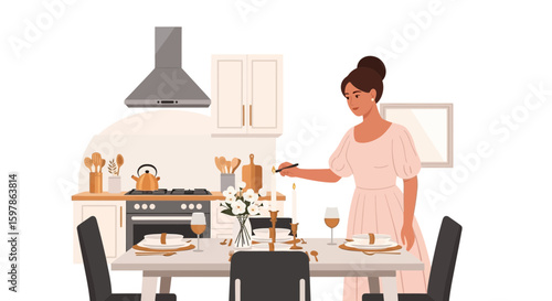 Elegant Woman Lights Candles On Dinner Table Setting At Home Preparing Feast