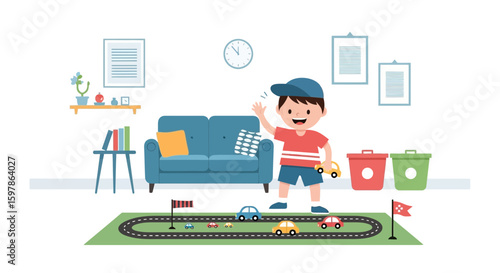 Boy Playing With Toy Cars On Carpet At Home In Living Room Vector Illustration