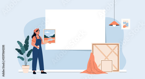 Creative Artist With Own Painting At Home Or Art Studio And blank space