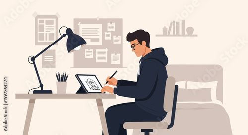 Creative Artist Working On Digital Portrait With A Pen Tablet At Home