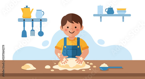Boy Preparing Dough For Bread Or Pastry At The Kitchen Counter Cartoon Vector