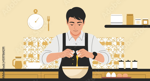 Man Prepares Ingredients In Kitchen Splitting Egg For Cooking At Home