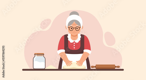 Grandmother Baking Delicious Homemade Bread With Love In The Kitchen