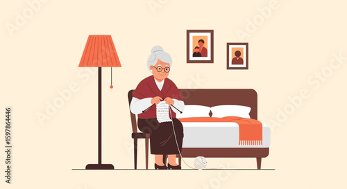 Grandmother Knitting At Home In Cozy Room Illustration With Floor Lamp And Bed