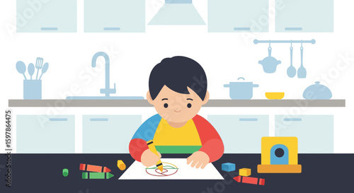 Creative Boy Enjoying Drawing With Crayons At The Kitchen Table In The Morning