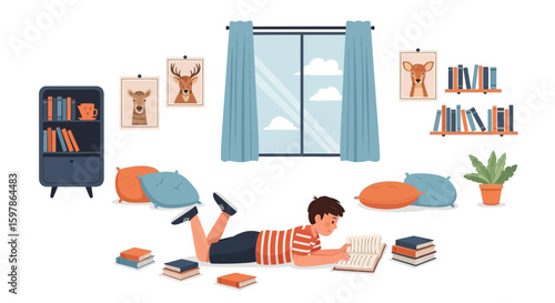 Boy Reading Book Lying on Floor Relaxing at Home Near Window Bookcase