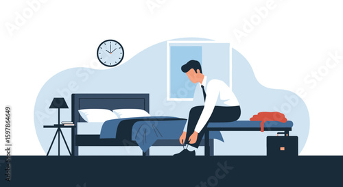 Man Preparing For Work In Bedroom Tying His Shoes With Clock Background