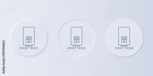 Grey Gas boiler with a burning fire icon isolated on grey background. Set icons in square buttons. Vector