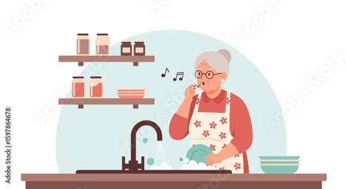 Grandmother Singing While Doing Dishes At Kitchen Sink Illustration