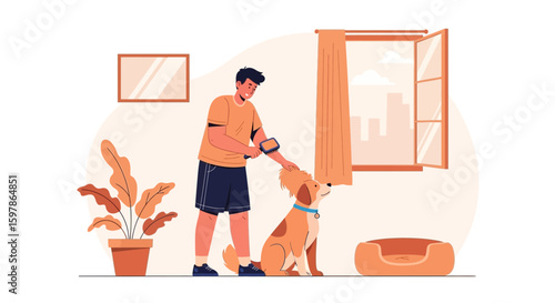 Grooming Time Bonding Moment With Adorable Dog In Sunlit Room Illustration