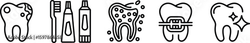 Set of Dental Hygiene and Oral Care Line Icons, Featuring Tooth, Toothbrush, Toothpaste, Braces, and Clean Tooth Symbols for Dentistry.