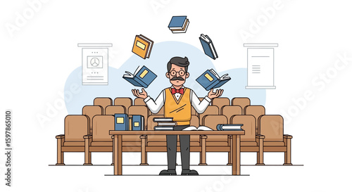Engaging Class Professor Juggling Books In A Lecture Hall Illustration