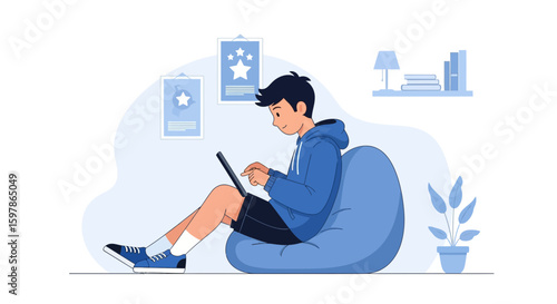 Boy Relaxing With Tablet In Beanbag Chair In Room Interior Illustration