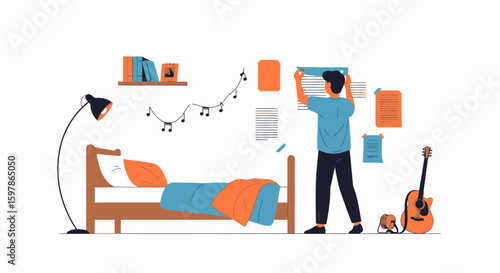 Creative Person Organizing His Room With Study Schedule And Playing Music In Bedroom