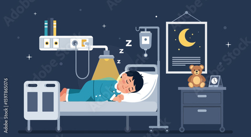 Boy Resting In Hospital Bed After Treatment Or Medical Procedure At Night