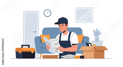 Man Reading Assembly Instructions For Furniture in Living Room at Home