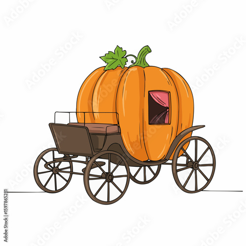 Pumpkin carriage illustrated with open window and leaves  