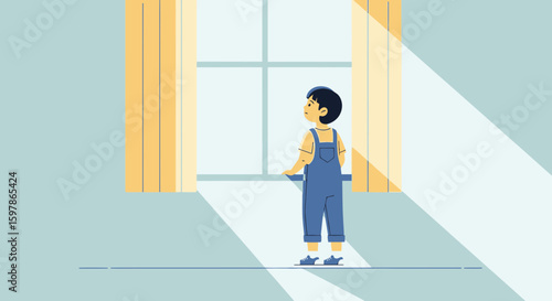 Boy Staring Out Window with Sun Shining Through Curtains in Bedroom