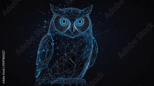 Digital illustration of an owl formed by blue lines and dots on a dark background.