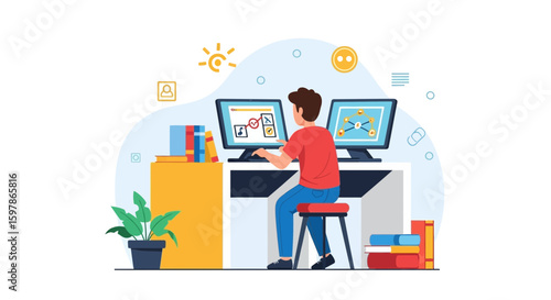 Boy Working With Two Computers From Home Study Design Vector Illustration