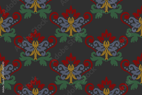 Embroidered Ikat flower pattern on a black background. Traditional ethnic ikat, Aztec abstract vector pattern, seamless pattern in tribal, folk embroidery and Mexican style.