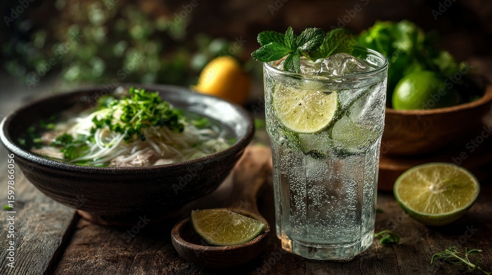 Fototapeta premium Refreshing pho soup and iced water