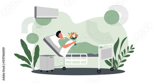 Man Recovering In Hospital With Bouquet Flowers Minimalist Illustration