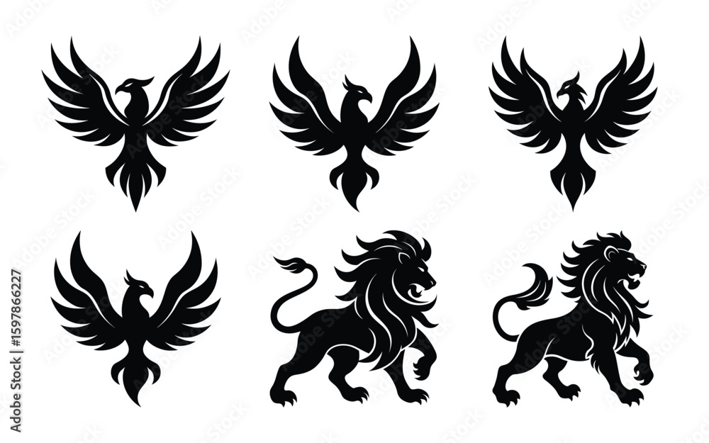 Fototapeta premium Vector art of mythical phoenix birds and majestic lions in silhouette
