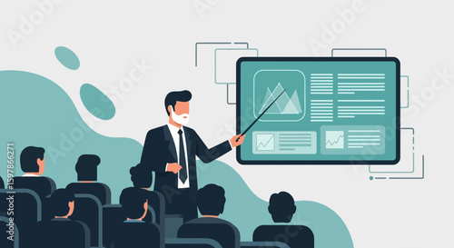 Business Presentation In Conference Room Shows Data Charts For Corporate Strategy
