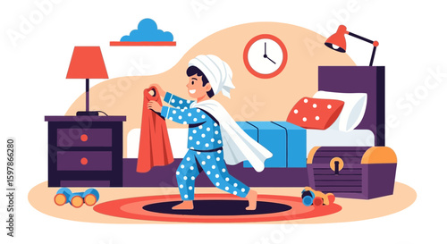 Enthusiastic Boy Plays Superhero Costume Dressing In His Room In The Morning