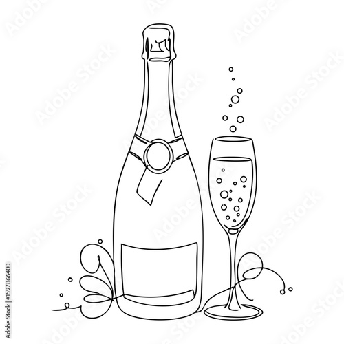 Champagne bottle with glass, festive vector line art illustration in Coquette Aesthetic style