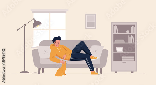 Man Relaxing On Couch At Home With His Cat And Interior Illustration