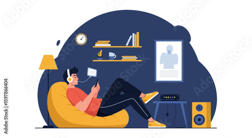 Man Relaxing In The Beanbag At Home And Enjoying Music At Night