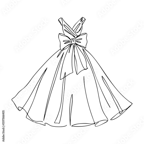 Long evening dress with bow, elegant vector line art fashion illustration in Coquette Aesthetic style