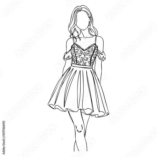 Woman in short lace dress, stylish vector line art fashion illustration in Coquette Aesthetic style