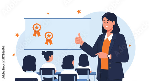 Happy Female Teacher Giving a Lecture to Students Presentation in a Classroom