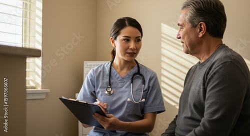 Caring female healthcare professional providing a medical consultation to a senior male patient in a bright clinic office