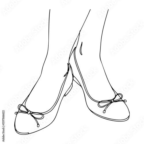 Feet in classic ballet flats with bows, vector line art in Coquette Aesthetic style