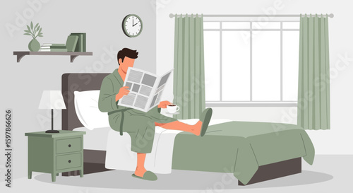 Man Relaxing With Newspaper And Coffee On Bed In Bedroom Early Morning